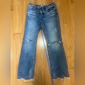 Women's Straight-Leg Distressed Blue Jeans - Mid Wash